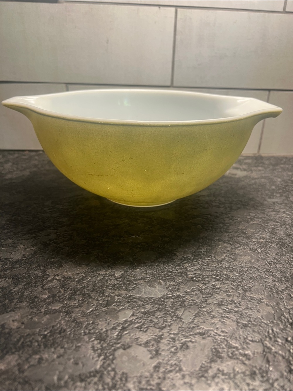 Vintage PYREX Avocado Green Mixing Bowl #443 with White Interior
